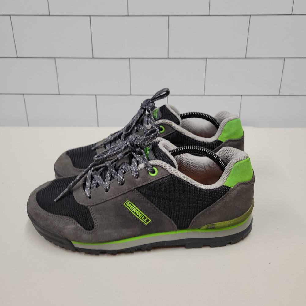 Merrell Men's Size 8.5 Gray Black Green Suede Mesh Hiking Trail Sneakers J15327